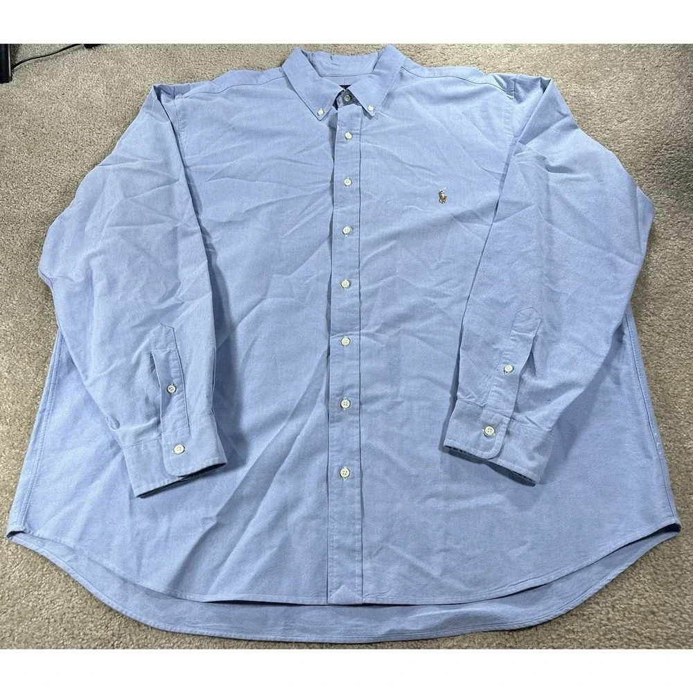 Ralph Lauren Slim‎ Fit Stretch Oxford Shirt Men 2XL Blue Long Sleeve Flesh Pony
